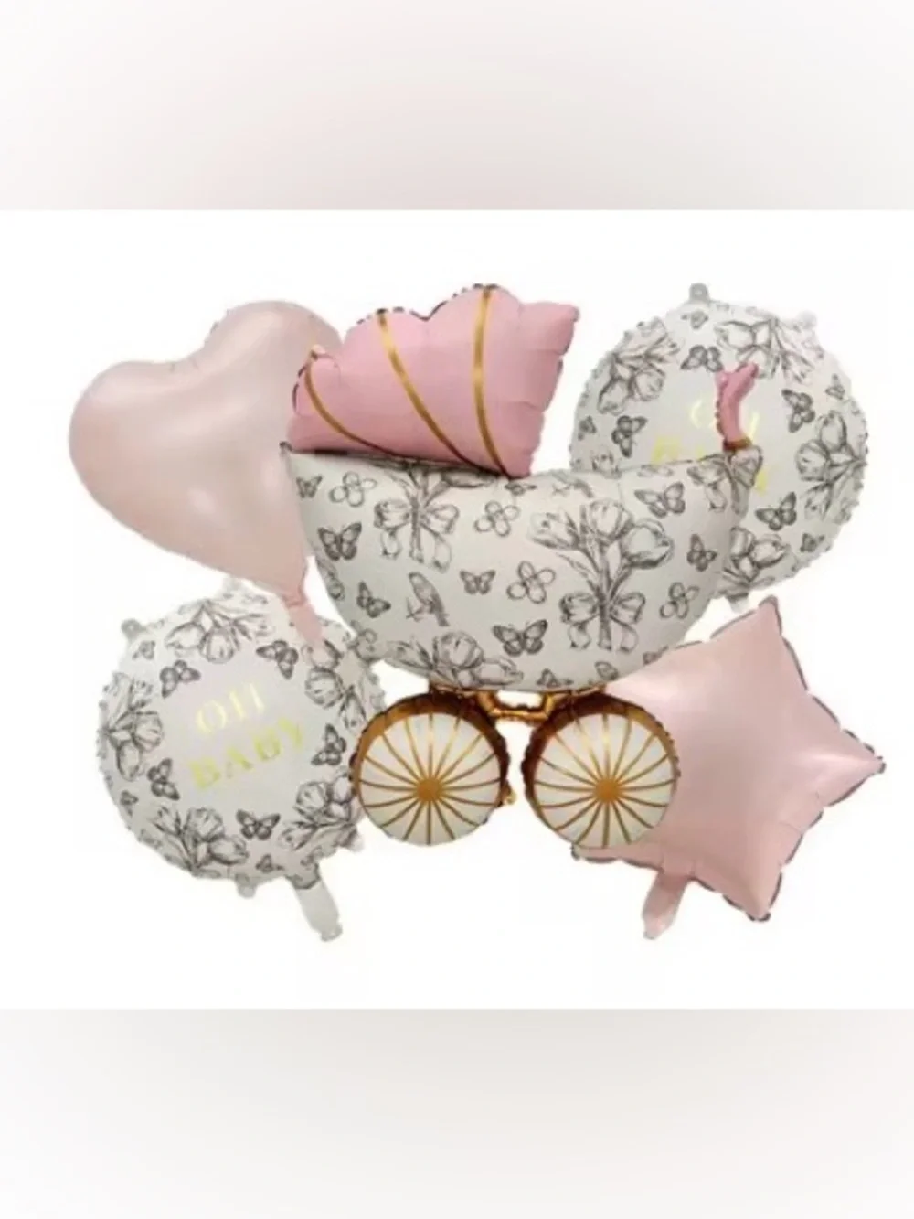 Baby Shower Balloon Bouquet - Pink & White Carriage 5Set 36“